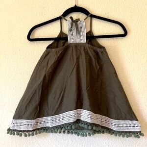 Tommy Bahama cotton halter tunic top olive green crochet pompom trim Sz 5T